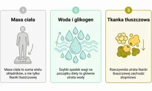 Ilustracja pokazuje, że początkowy spadek wagi na diecie wegetariańskiej to głównie utrata wody, a nie tkanki tłuszczowej.