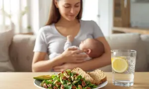 Zdrowa mama karmiąca piersią, z talerzem sałatki z orzechami i awokado, dowodem na to, w czym jest białko roślinne.