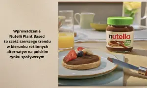 Słoik Nutelli Plant Based i tost z owocami. Czy nutella jest wegańska? Ta wersja jest roślinna, wpisuje się w trend alternatyw na rynku.