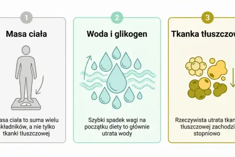 Ilustracja pokazuje, że początkowy spadek wagi na diecie wegetariańskiej to głównie utrata wody, a nie tkanki tłuszczowej.