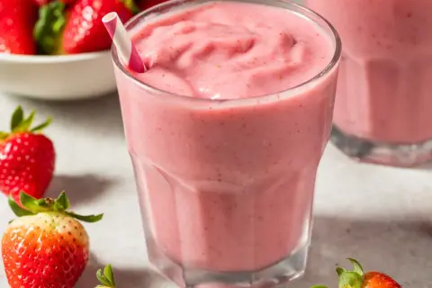 Pyszny, różowy koktajl truskawkowy z papierową słomką. Idealny przepis na zdrowe słodycze, który zachwyci każdego.