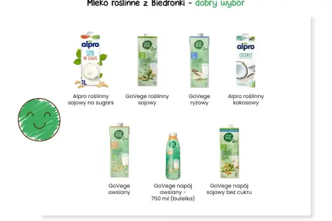 Które mleko roślinne jest najzdrowsze? Na zdjęciu widać różne rodzaje napojów roślinnych z Biedronki: sojowe, ryżowe, kokosowe i owsiane.