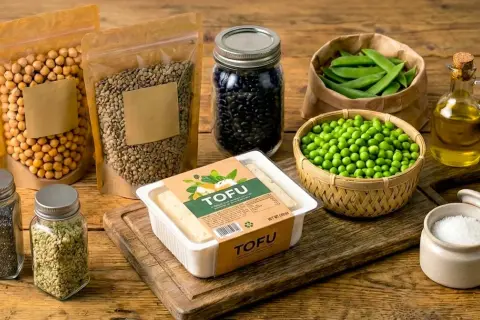 Tofu, ciecierzyca, soczewica, fasola, groszek, olej i przyprawy. Czy kawior jest wegetariański? Tofu jest roślinne, więc tak!