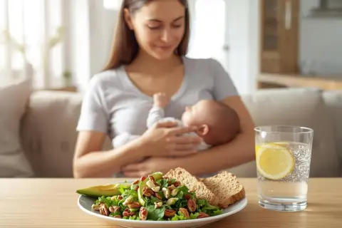 Zdrowa mama karmiąca piersią, z talerzem sałatki z orzechami i awokado, dowodem na to, w czym jest białko roślinne.
