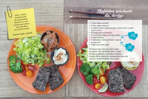 Niedzielne śniadanie dla dwojga: co to jest kuchnia wegańska? Talerze pełne sałaty, brokułów, pomidorków, chleba razowego, hummusu i pasty z fasoli. Smacznego!