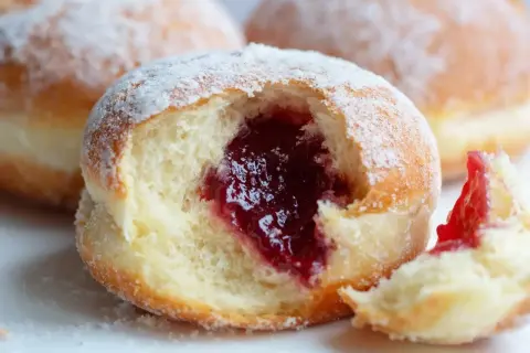 Puszyste pączki z dżemem, posypane cukrem pudrem. Czy pączki są wegańskie? Ten wygląda pysznie!