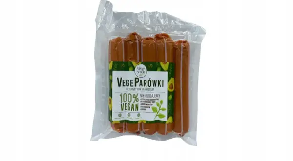 Opakowanie parówek wegetariańskich VegeParówki. Gdzie kupić? 100% Vegan, bez sztucznych dodatków.