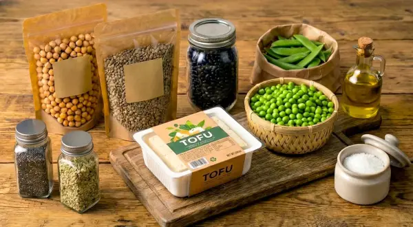 Tofu, ciecierzyca, soczewica, fasola, groszek, olej i przyprawy. Czy kawior jest wegetariański? Tofu jest roślinne, więc tak!