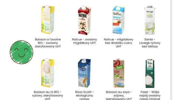 Uśmiechnięta zielona buźka obok kartonów z różnymi rodzajami mleka roślinnego.