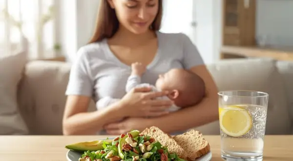 Zdrowa mama karmiąca piersią, z talerzem sałatki z orzechami i awokado, dowodem na to, w czym jest białko roślinne.