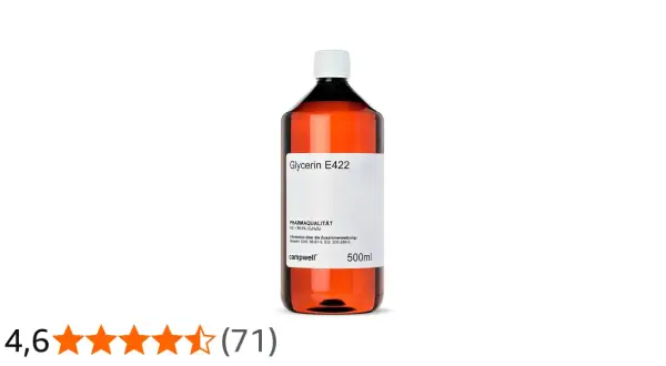 Butelka z bursztynowym płynem, oznaczona jako "Glycerin E422". Czy gliceryna roślinna jest szkodliwa? Ten produkt ma 500 ml.