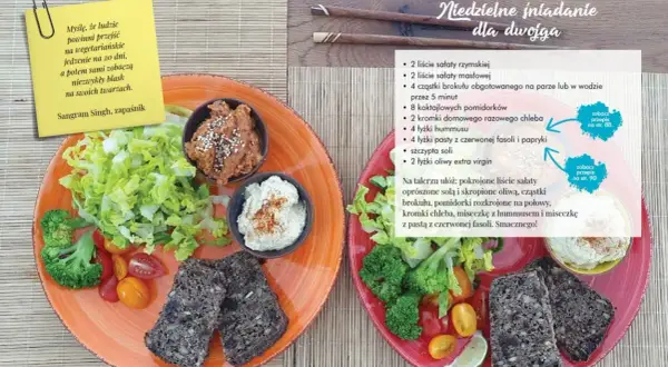 Niedzielne śniadanie dla dwojga: co to jest kuchnia wegańska? Talerze pełne sałaty, brokułów, pomidorków, chleba razowego, hummusu i pasty z fasoli. Smacznego!