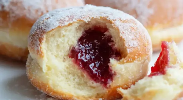 Puszyste pączki z dżemem, posypane cukrem pudrem. Czy pączki są wegańskie? Ten wygląda pysznie!