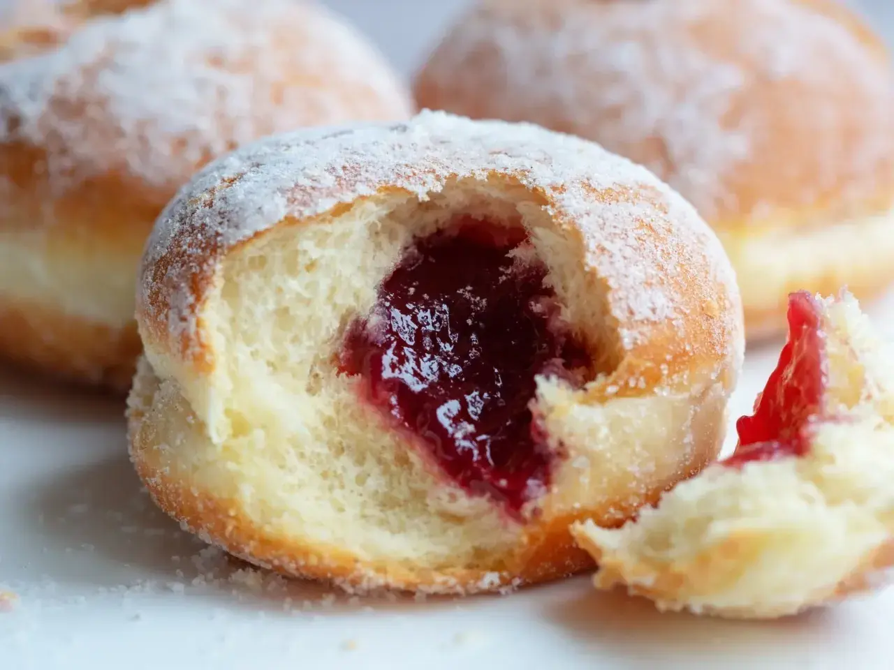 Puszyste pączki z dżemem, posypane cukrem pudrem. Czy pączki są wegańskie? Ten wygląda pysznie!