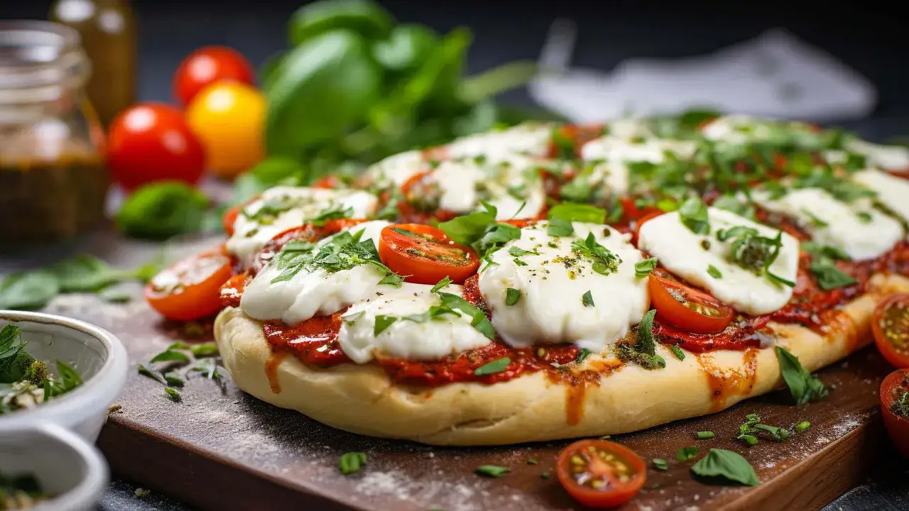 Pyszna pizza wegetariańska z mozzarellą i pomidorkami. Zastanawiasz się, ile kalorii ma pizza wegetariańska?