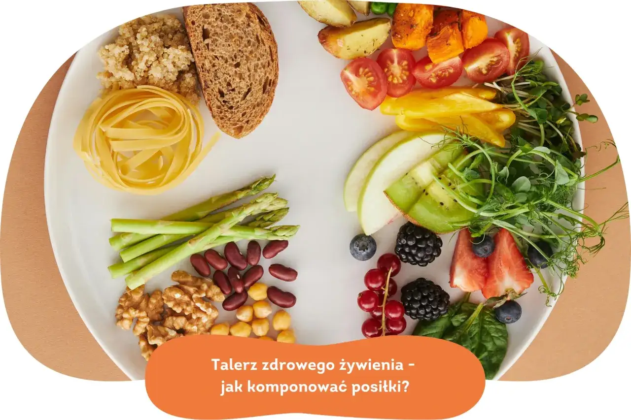 Talerz zdrowego żywienia z warzywami, owocami, orzechami i kaszą. Idealny dla osób, które chcą zacząć dietę wegetariańską.