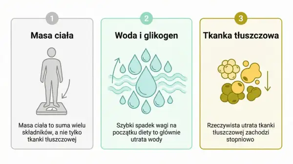 Ilustracja pokazuje, że początkowy spadek wagi na diecie wegetariańskiej to głównie utrata wody, a nie tkanki tłuszczowej.
