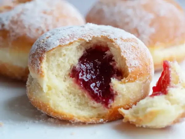 Puszyste pączki z dżemem, posypane cukrem pudrem. Czy pączki są wegańskie? Ten wygląda pysznie!